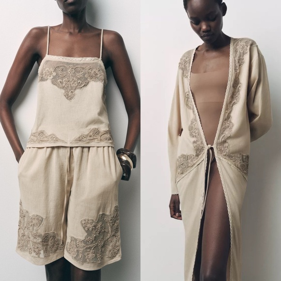 BUNDLE OF 3: ZARA LONG EMBROIDERED BEADED
KIMONO, CAMISOLE TOP & BEADED SHORTS - Picture 1 of 16